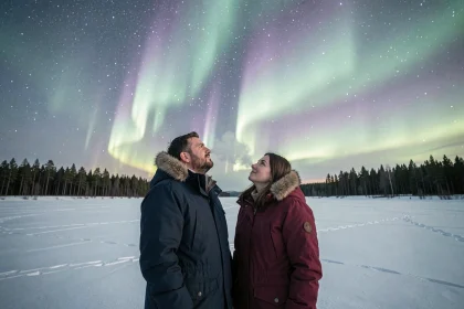 Couple romantique admirant les aurores boréales sur un lac gelé en Finlande lors d'un séjour en amoureux