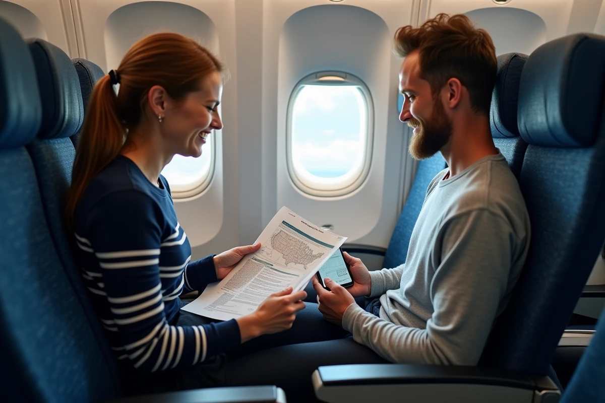 Couple de voyageurs consultant des documents de voyage à bord d'un avion lors d'un vol long-courrier vers les États-Unis