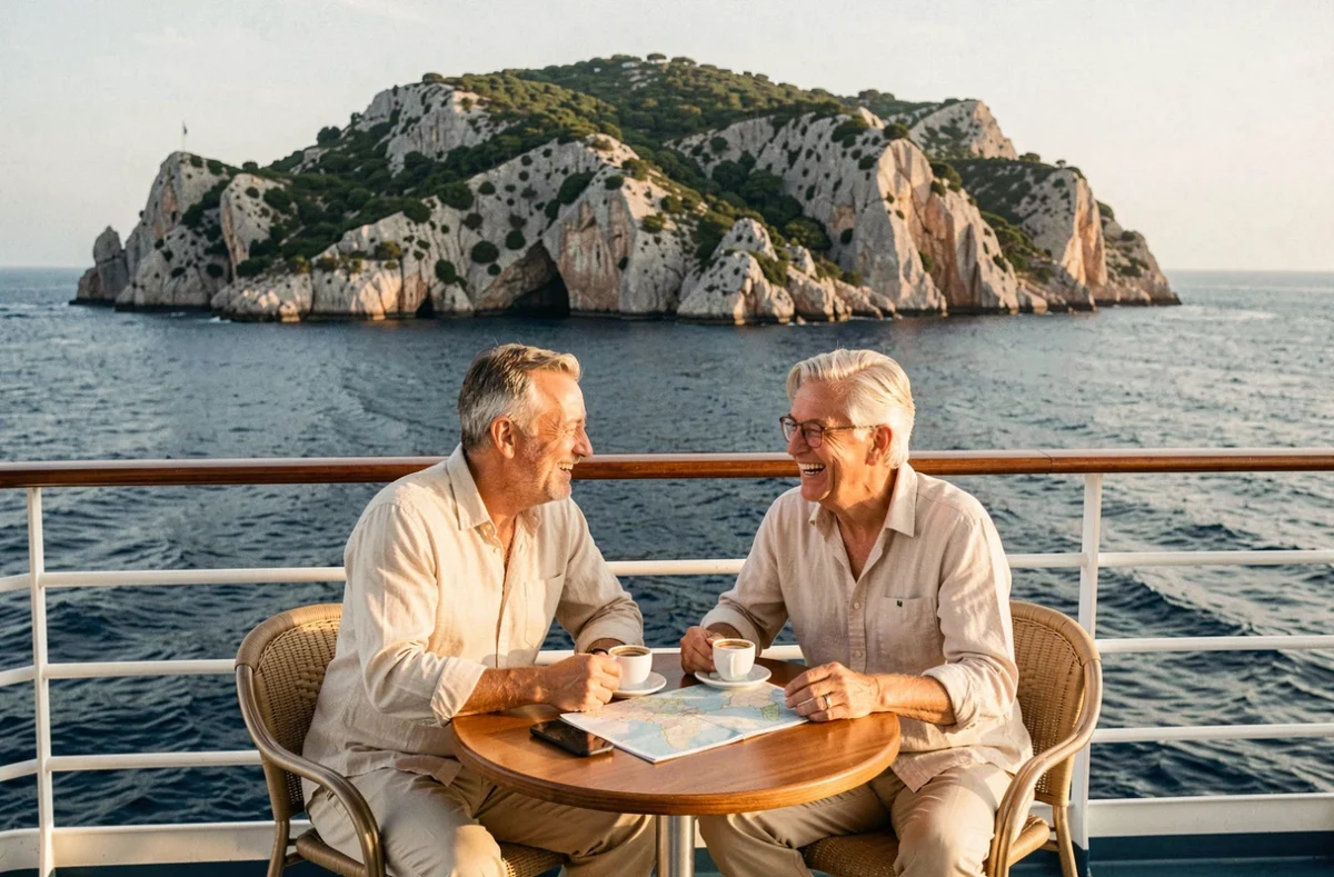Couple profitant d'un café sur le pont supérieur d'un bateau de croisière en Méditerranée