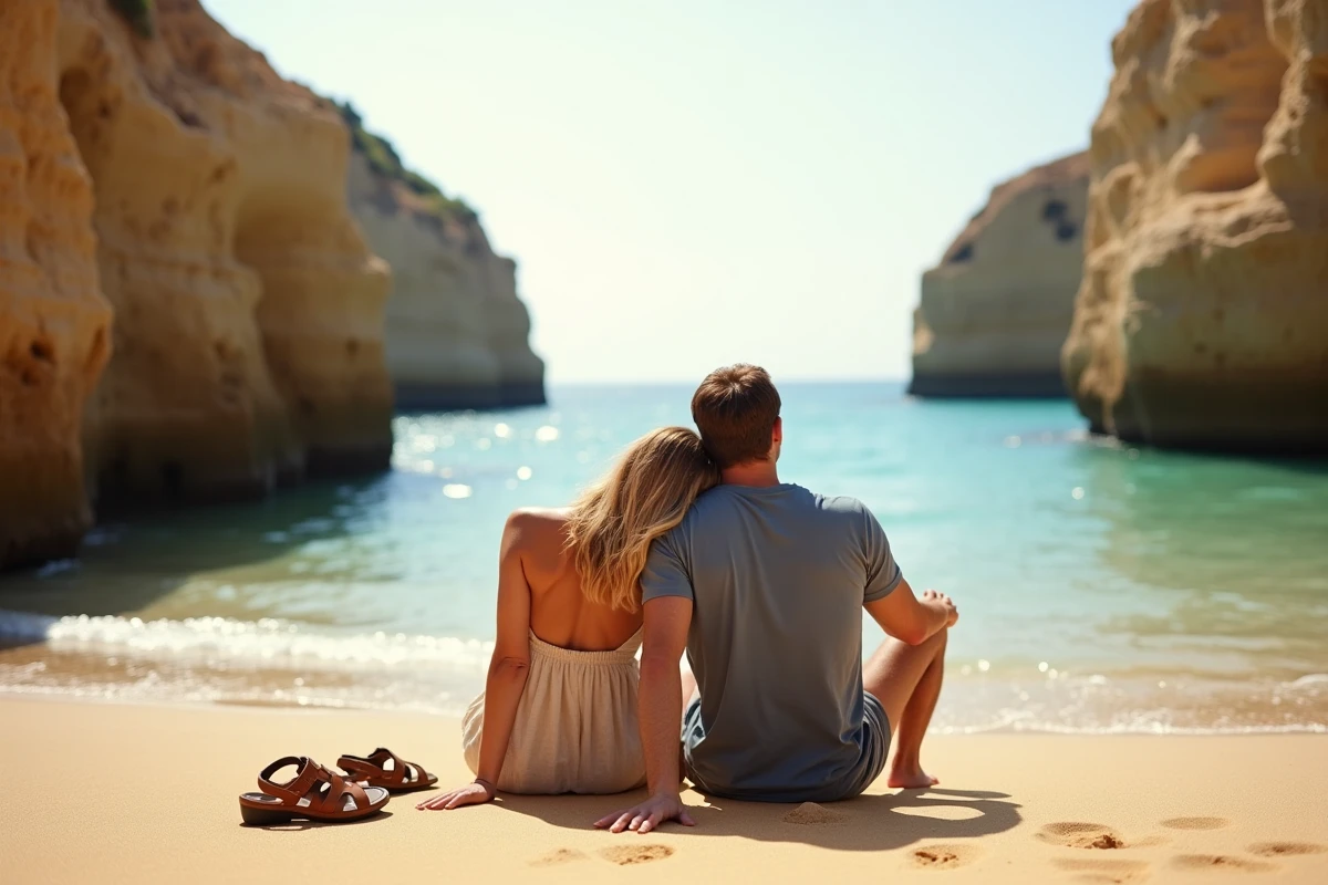 Couple assis dans une crique isolée sur la côte espagnole pour une escapade romantique au bord de la mer