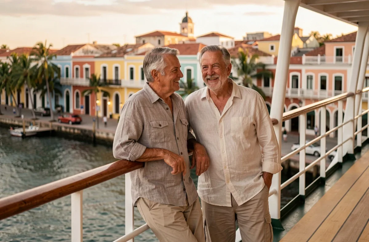 Couple de voyageurs sur le pont d'un bateau de croisière avec vue sur le port colonial de Carthagène en Colombie