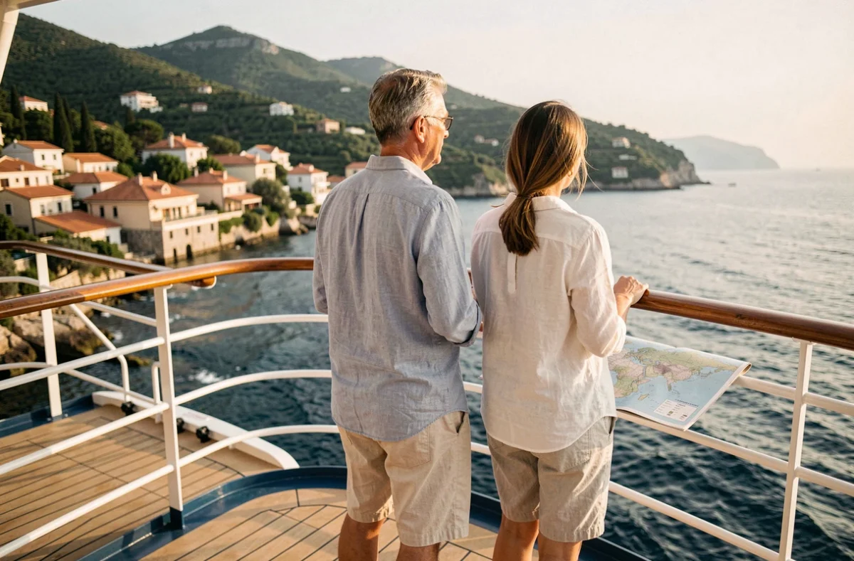 Couple de voyageurs observant une côte méditerranéenne depuis le pont d'un bateau de croisière