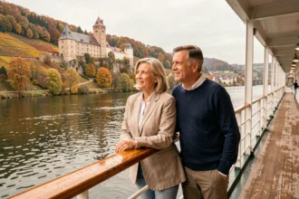 Couple de voyageurs sur le pont d'un bateau de croisière fluviale sur le Rhin en Allemagne, admirant des châteaux médiévaux sur des collines viticoles en automne