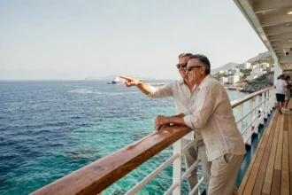 Couple souriant sur le pont d'un bateau de croisière tout inclus avec vue sur la mer Méditerranée