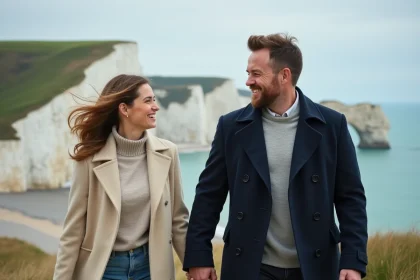 Couple en amoureux se promenant main dans la main devant les falaises d'Étretat en Normandie