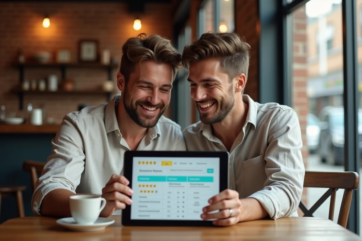 Couple évaluant la fiabilité d'un site de réservation de voyage sur une tablette dans un café urbain