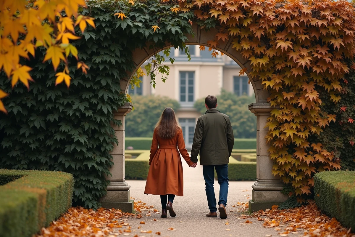 Couple en amoureux découvrant les jardins historiques d'un château normand en automne lors d'une escapade romantique