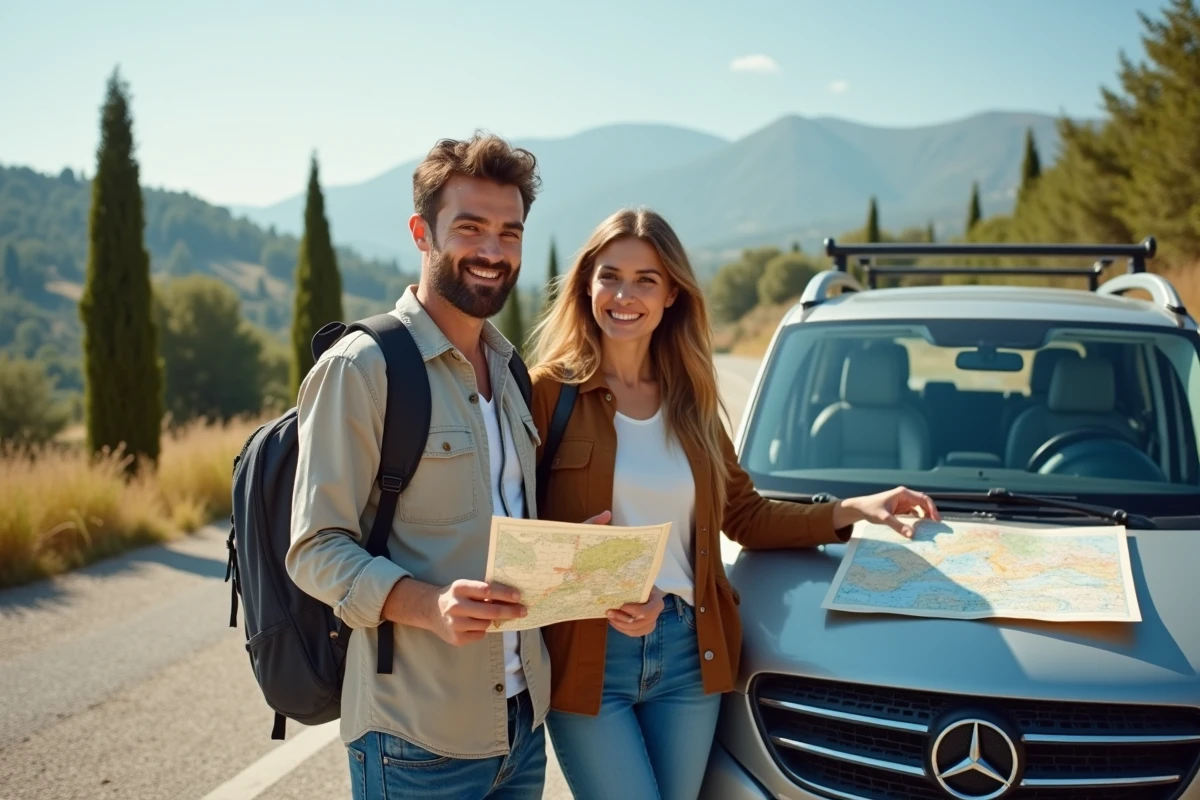 Couple utilisant un permis de conduire international à côté d'une voiture de location sur une route européenne