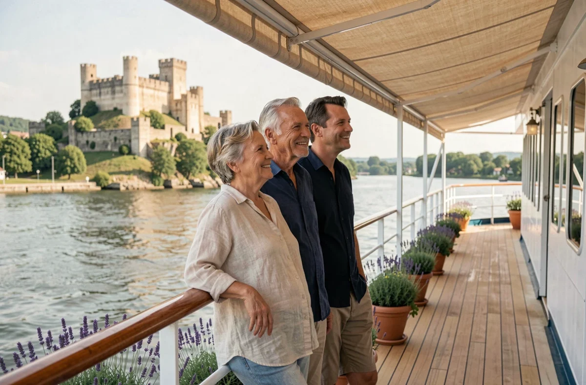 Couple profitant du pont supérieur du bateau La Sirène face à un paysage de château médiéval en bord de rivière
