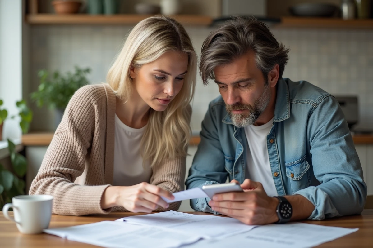Couple consultant des documents d'autorisation de voyage et un smartphone à la table de leur cuisine