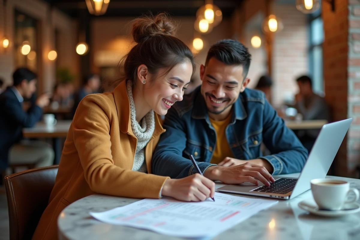 Couple préparant leur demande de visa Indonésie dans un café