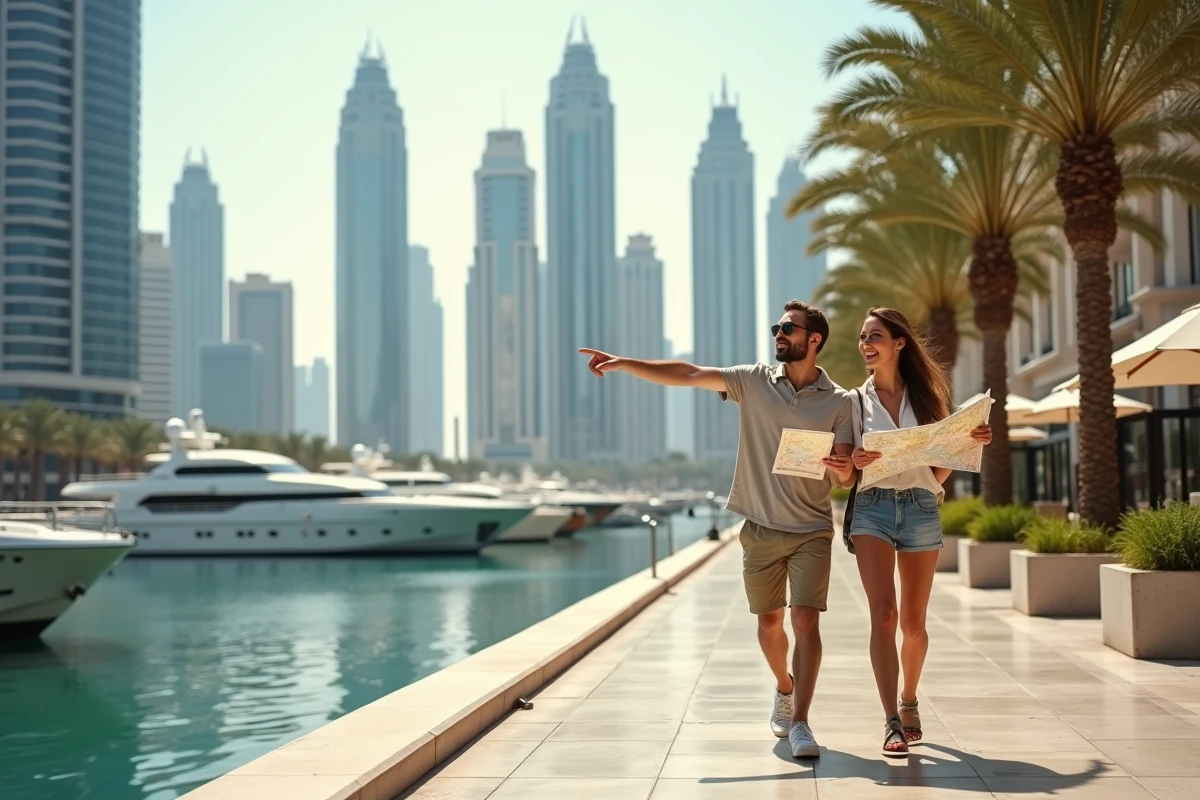 Couple se promenant sur la marina de Dubaï avec une carte des quartiers à la main