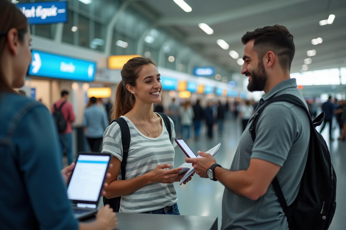 Couple présentant une demande de remboursement d'assurance voyage au comptoir d'enregistrement d'un aéroport