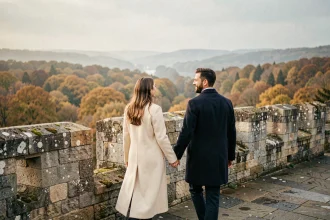 Couple se promenant main dans la main sur les remparts d'un château fort médiéval en France en automne