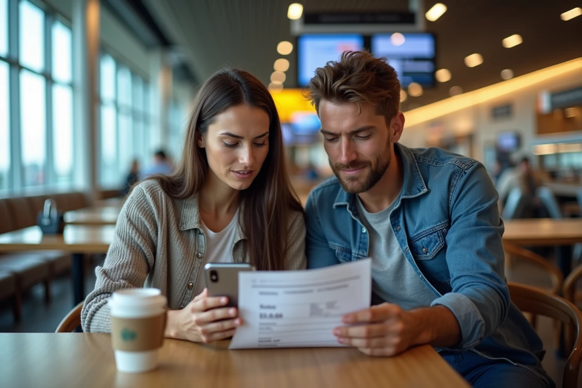 Couple vérifiant les noms sur une réservation de vol easyJet dans un café d'aéroport