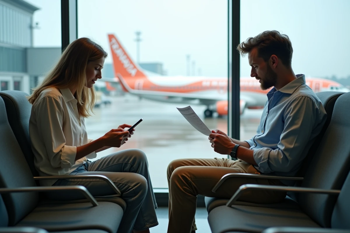 Couple consultant une réservation Transavia sur smartphone à la porte d'embarquement avec avion visible