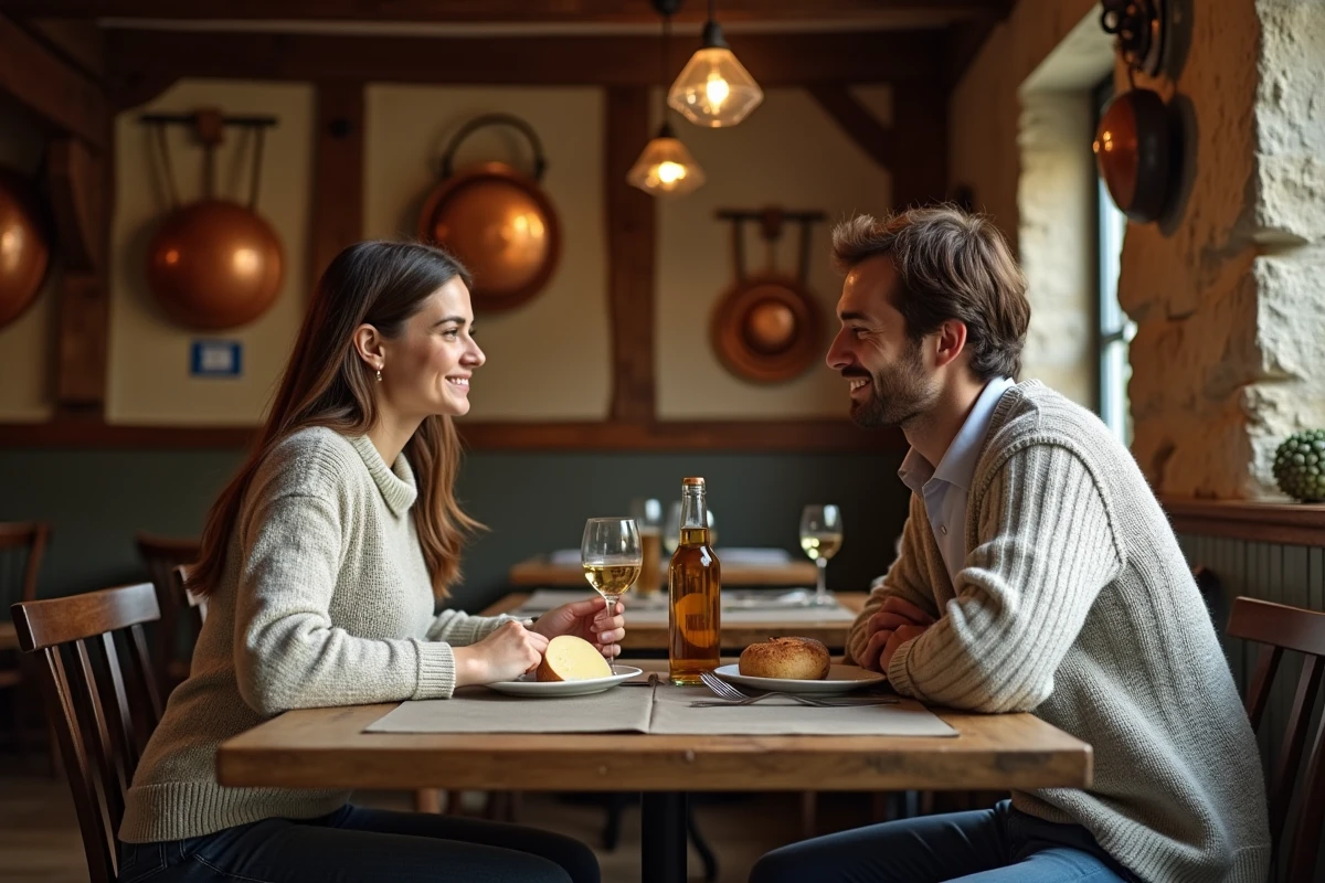 Couple romantique dégustant du cidre normand et du camembert dans un restaurant traditionnel à colombages en Normandie