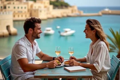 Couple en terrasse de café à Saint-Paul's Bay à Malte avec carnet de budget de voyage et spécialités maltaises