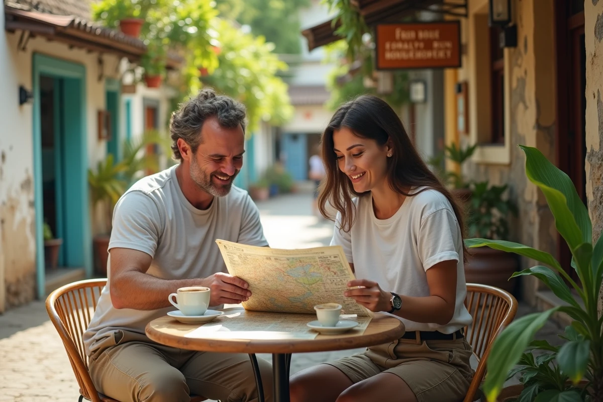Couple de touristes responsables consultant une carte papier dans un café local d'une ville côtière tropicale