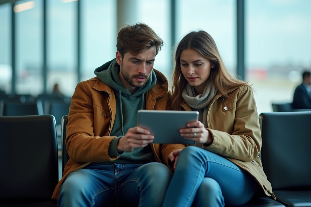 Couple vérifiant les détails d'une modification de billet Ryanair sur une tablette dans un salon d'aéroport