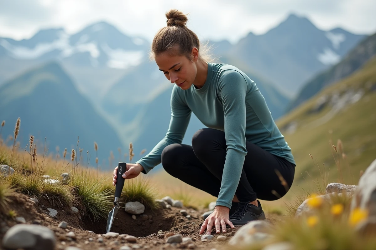 Femme randonneuse creusant un trou cathole en prairie alpine avec une truelle de camping, technique de gestion des déchets en plein air