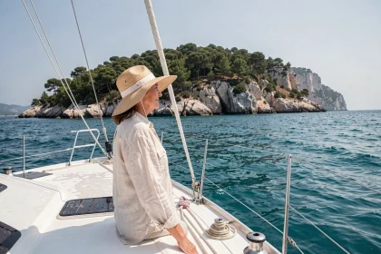 Femme sur le pont d'un catamaran en croisière côtière vers l'île de Porquerolles en Méditerranée