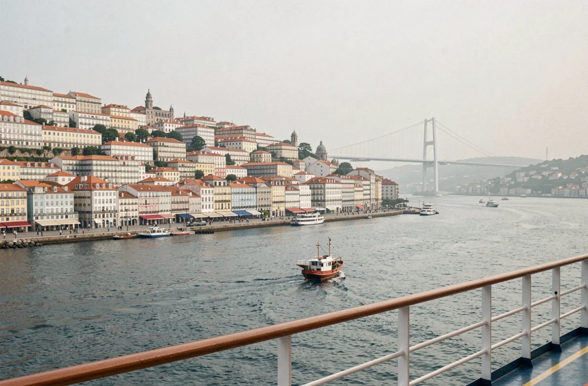 Vue panoramique de Lisbonne depuis le pont d'un bateau de croisière sur le Tage