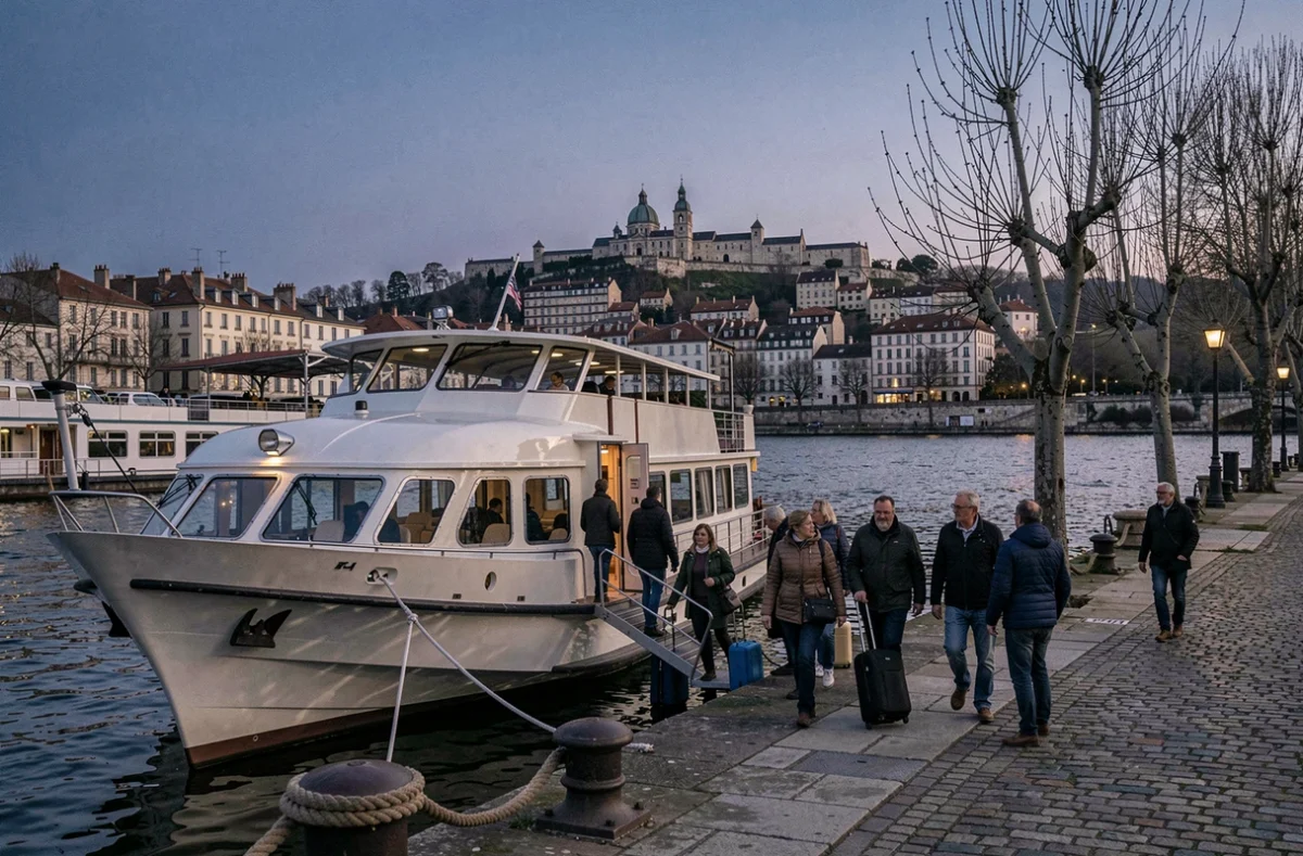 Bateau de croisière fluviale amarré sur les quais de Lyon au crépuscule avec des voyageurs embarquant devant la basilique de Fourvière en arrière-plan