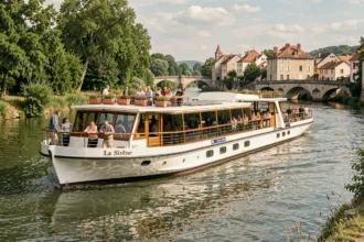 Croisière La Sirène naviguant sur une rivière européenne paisible avec des villages historiques en arrière-plan
