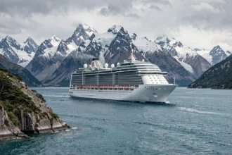 Paquebot de croisière naviguant dans les fjords de Patagonie avec des sommets enneigés en arrière-plan