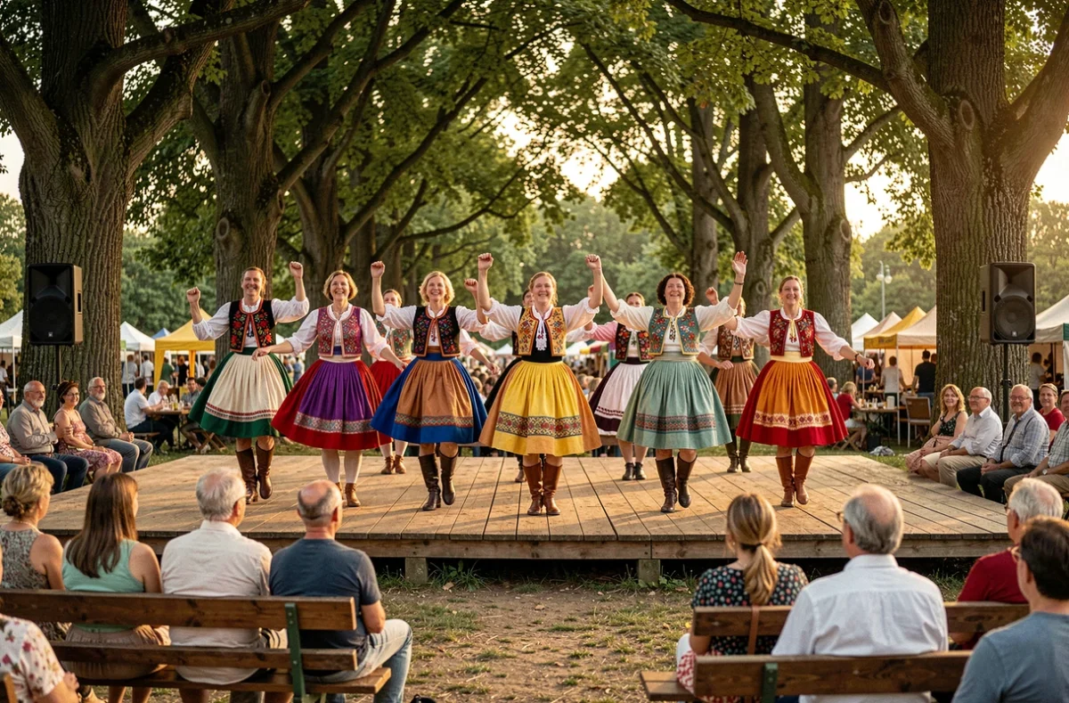 Danseurs folkloriques en costumes traditionnels se produisant sur scène lors d'un festival culturel estival