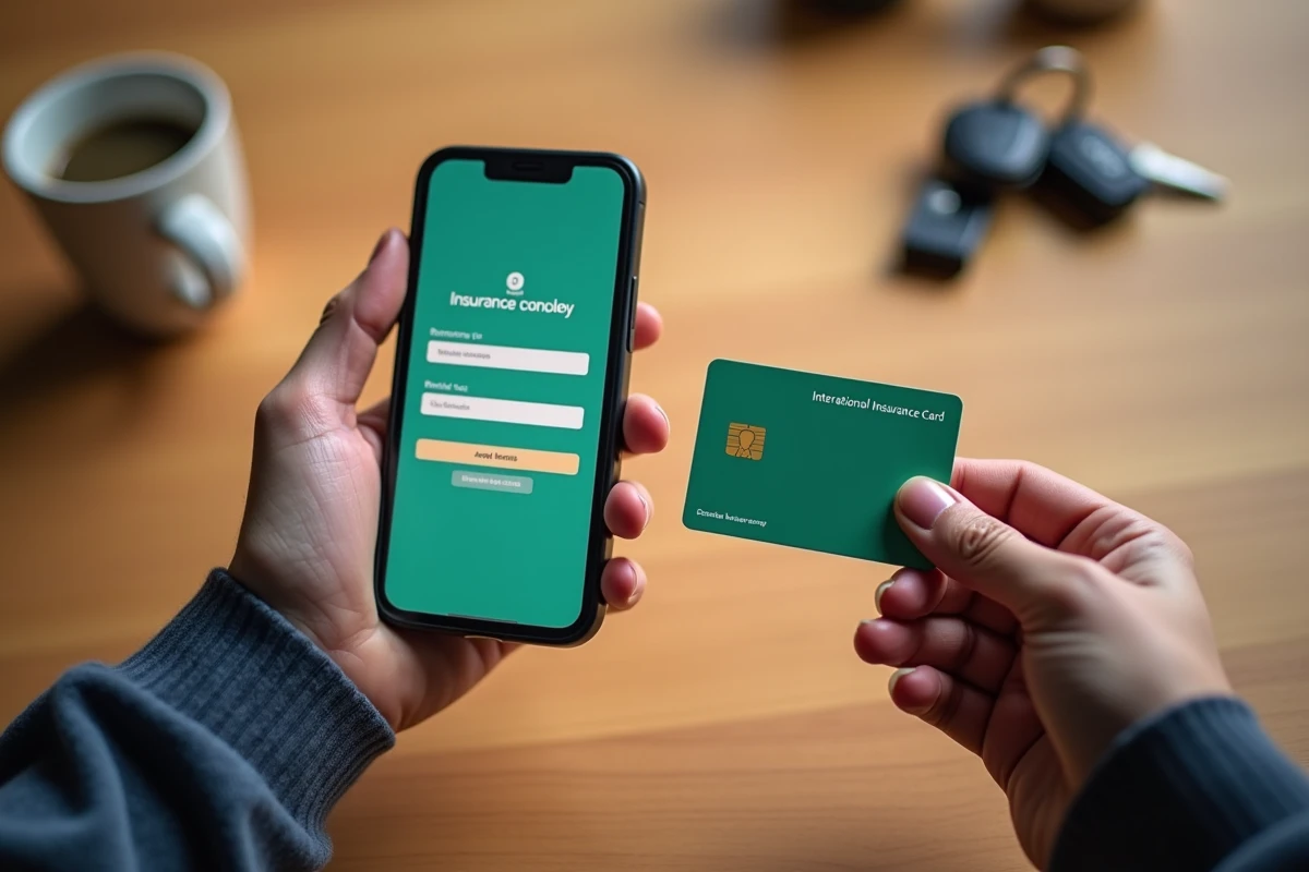 Mains tenant un smartphone avec formulaire en ligne et une carte internationale d'assurance automobile physique