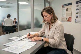 Femme demandant un passeport d'urgence dans une préfecture française avant un voyage au Maroc