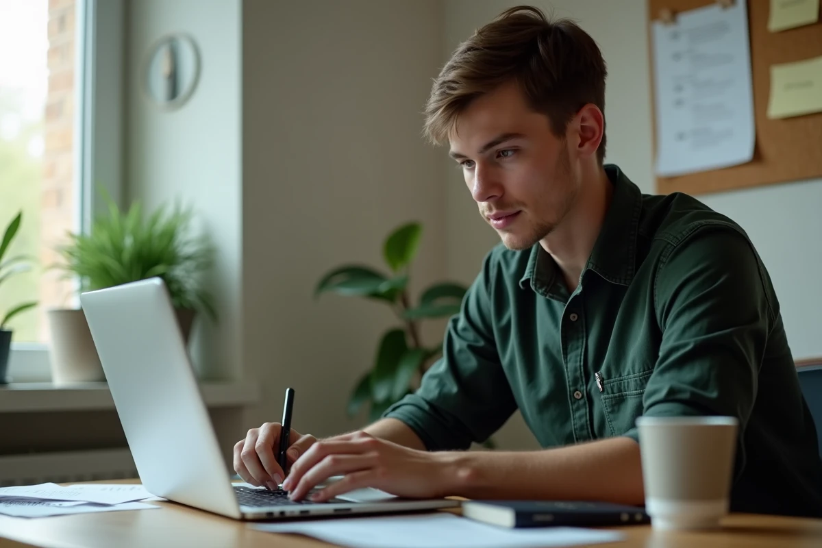 Jeune homme remplissant en ligne une demande de permis international depuis son bureau à domicile avec passeport et documents