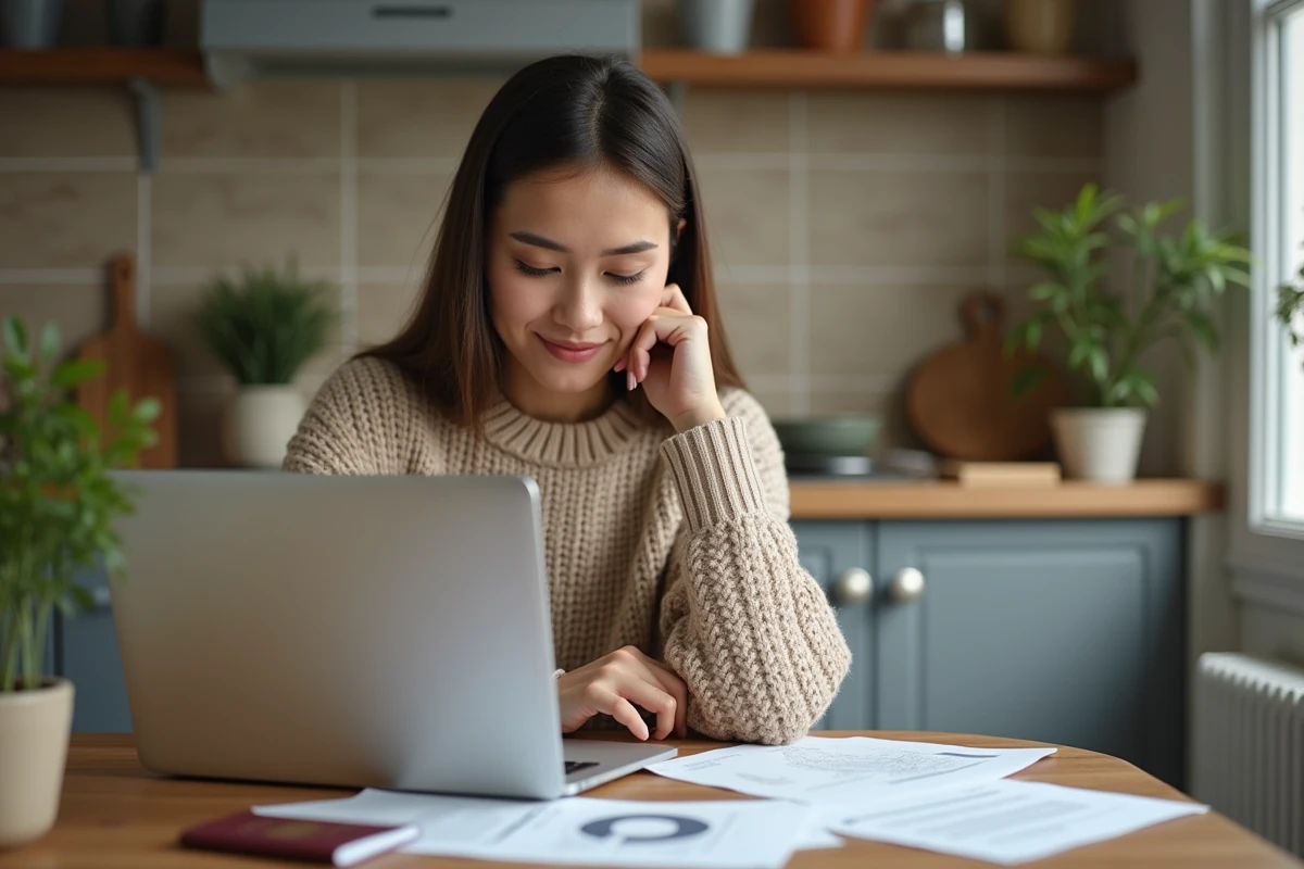 Jeune femme consultant un site officiel de demande de visa en ligne depuis chez elle