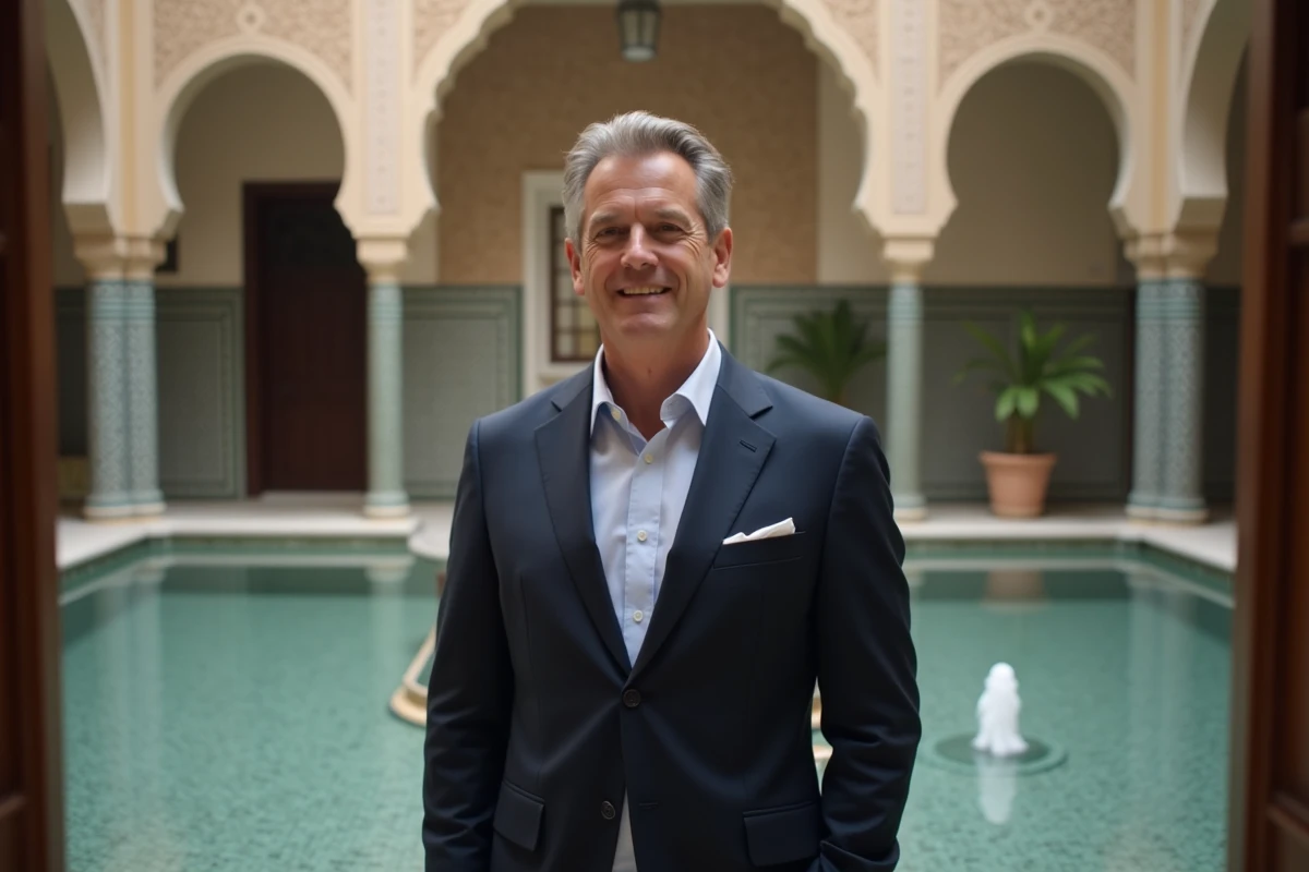 Directeur de La Mamounia en costume dans la cour intérieure de l'hôtel, portrait éditorial professionnel
