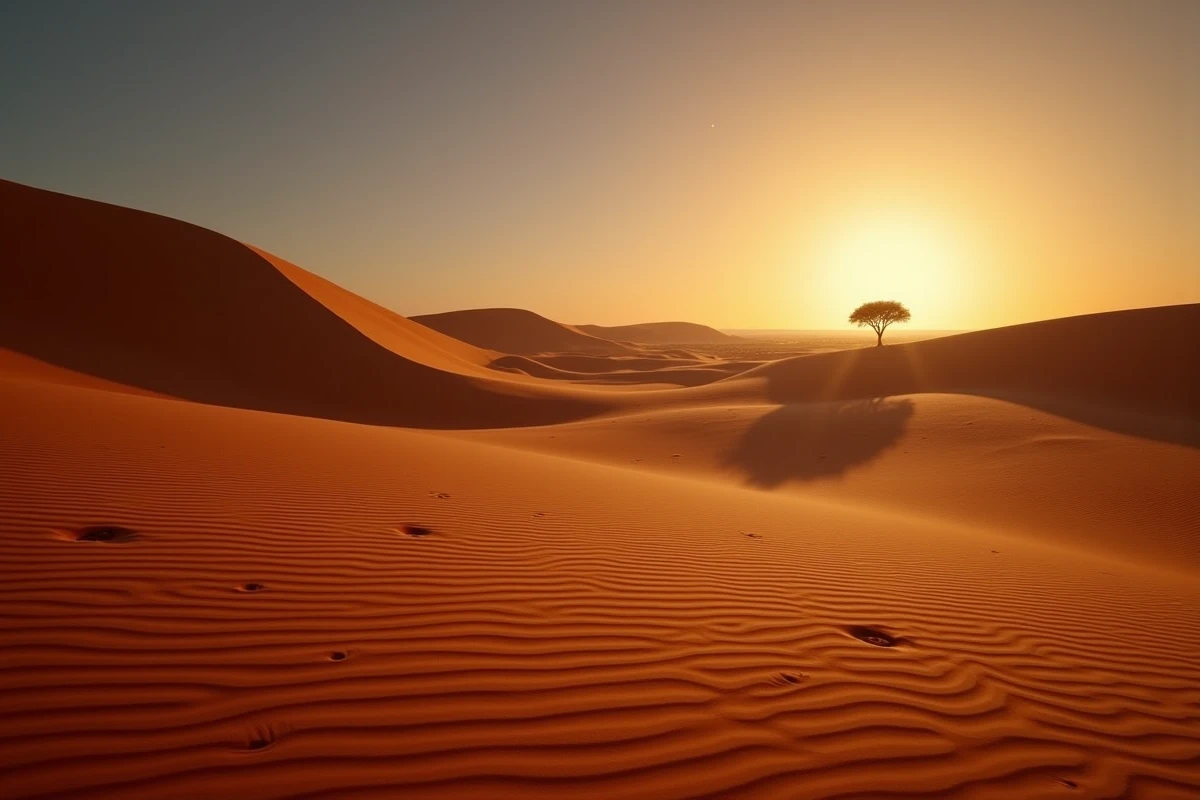 Paysage désertique exceptionnel des dunes de sable dorées de Namibie au crépuscule avec arbre acacia solitaire