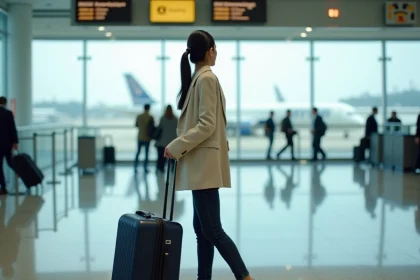 Femme à l'enregistrement d'un aéroport international avant un vol transatlantique vers les États-Unis avec sa valise