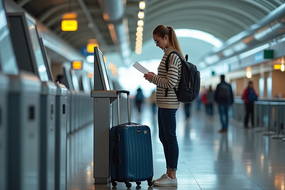 Jeune femme consultant son billet d'avion à une borne d'enregistrement avec son bagage cabine low-cost