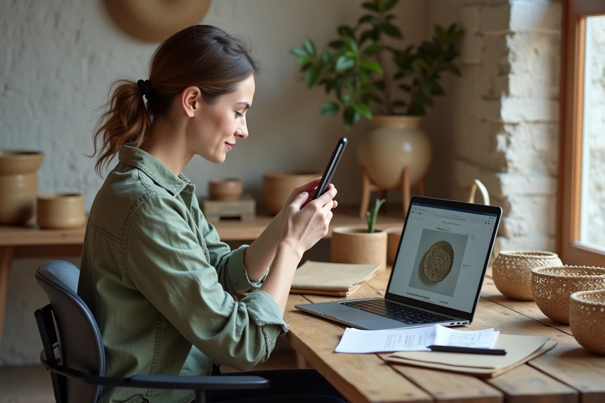 Jeune entrepreneuse basque photographiant des produits artisanaux pour une marketplace en ligne depuis un espace de travail moderne