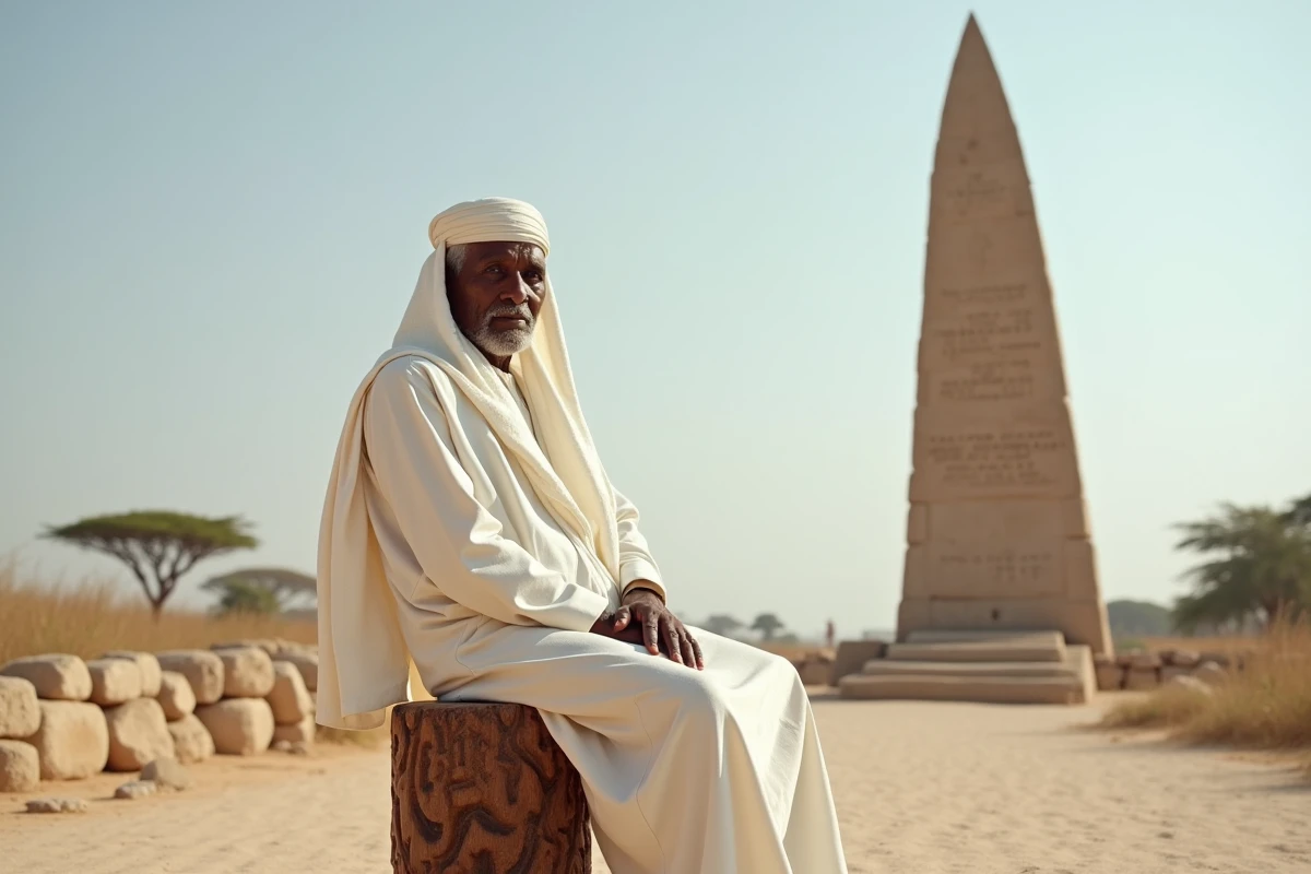 Homme éthiopien en shamma traditionnel devant un obélisque d'Axum, évoquant l'histoire millénaire de l'Éthiopie, pays jamais colonisé