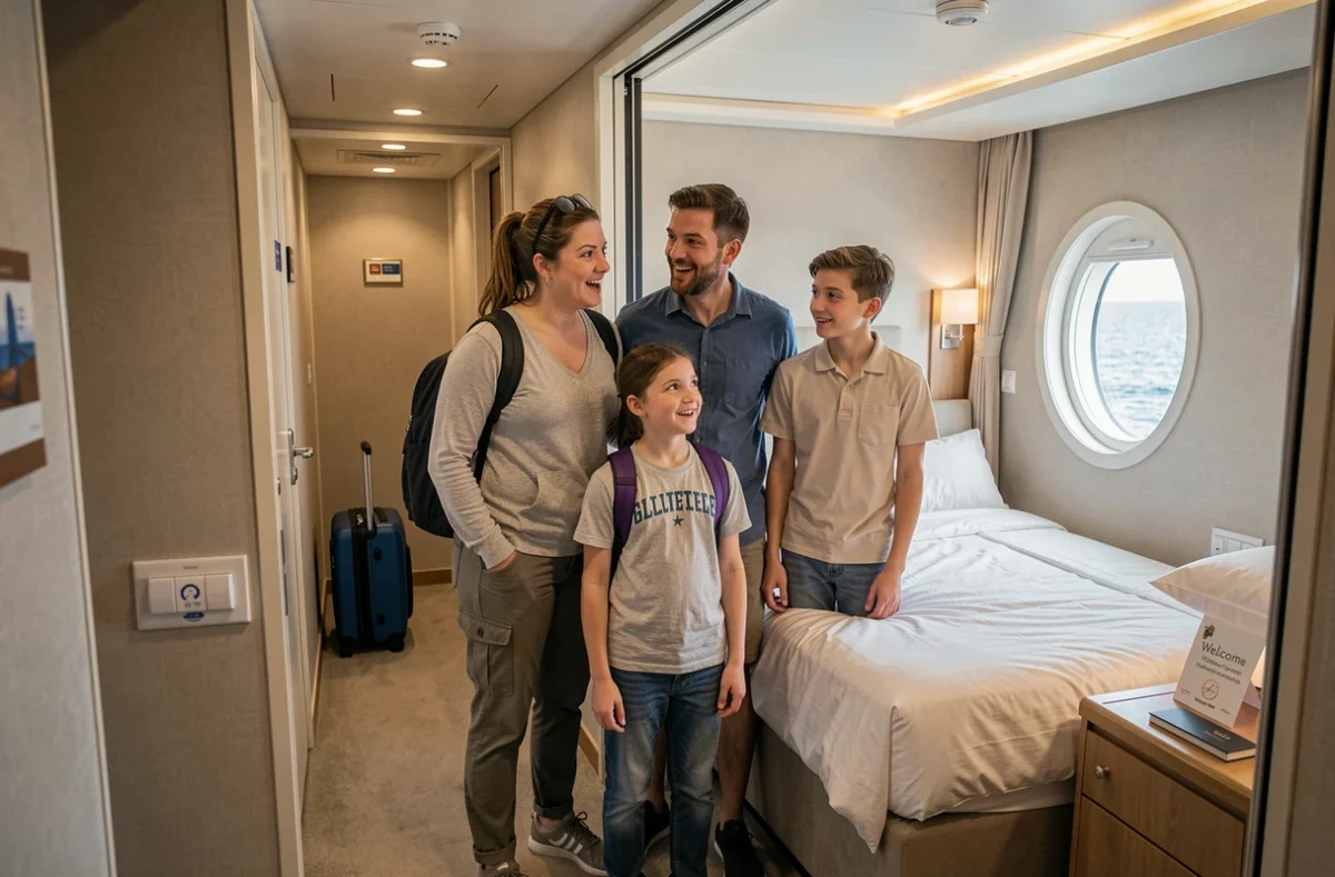 Famille découvrant leur cabine de croisière tout inclus à bord d'un paquebot moderne