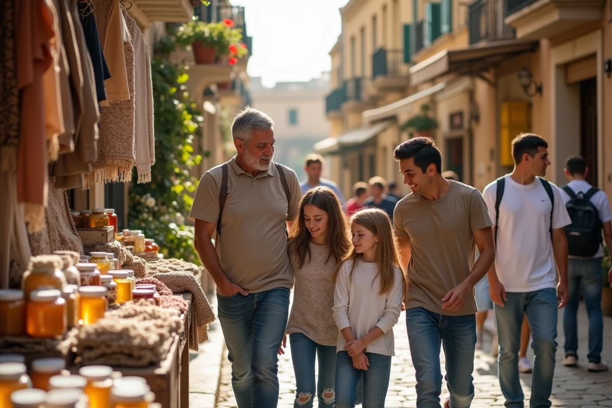 Famille visitant un marché artisanal typique de San Pawl il-Bahar avec produits locaux maltais
