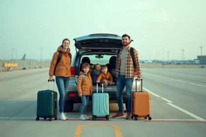 Famille avec bagages dans le parking extérieur P5 de l'aéroport de Toulouse avant un départ en voyage