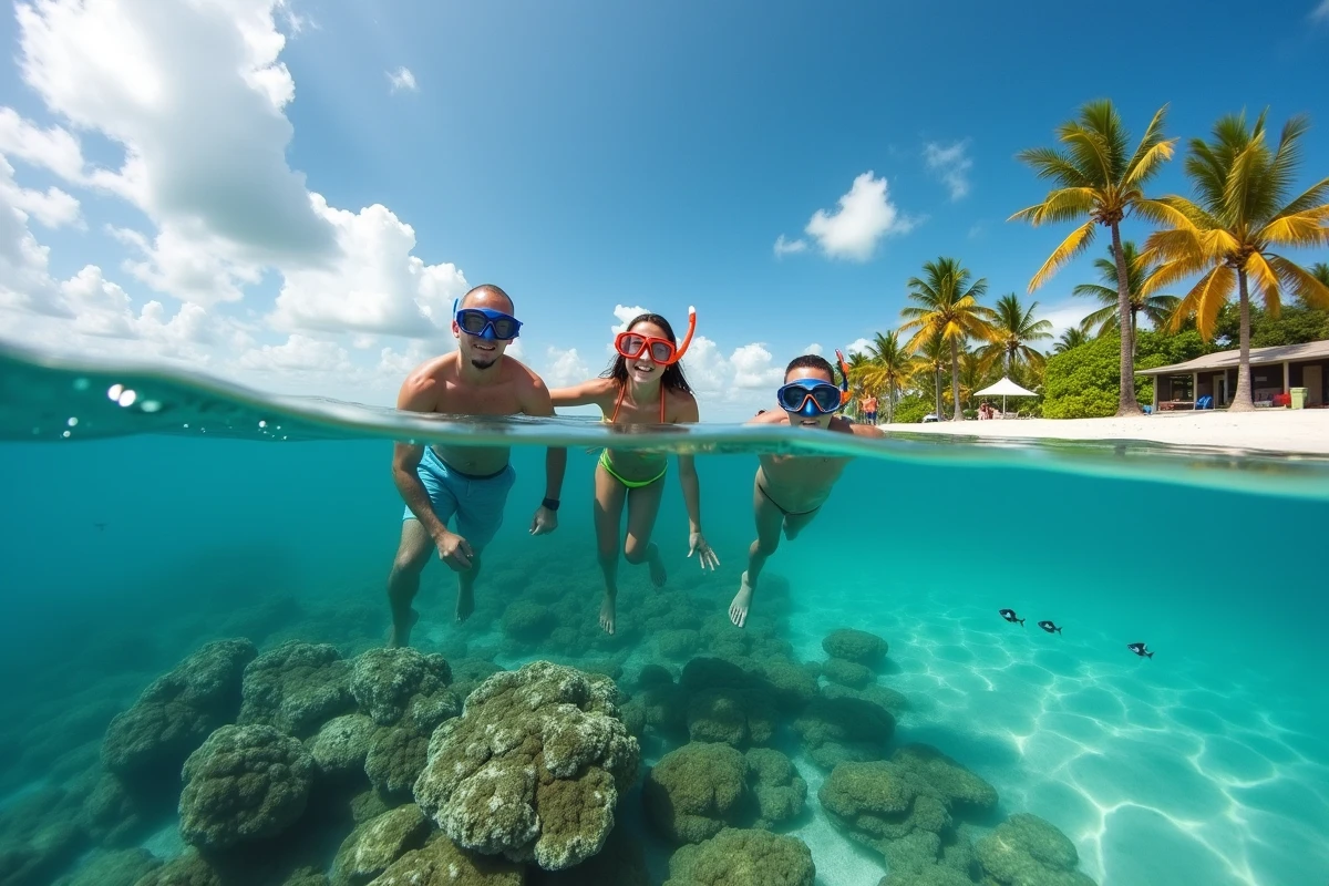 Famille en train de snorkeler dans le lagon coralien peu profond du Coral Lagoon Resort à Marathon en Floride