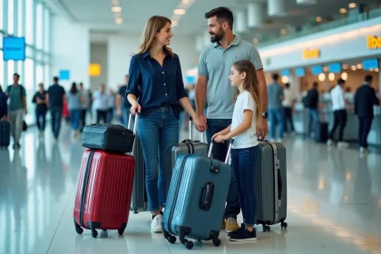 Famille avec valises en soute au comptoir d'enregistrement d'un aéroport international