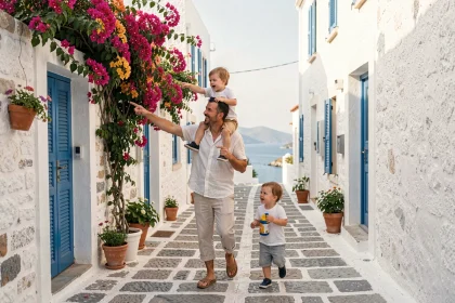 Famille avec jeunes enfants se promenant dans une ruelle pittoresque d'un village crétois aux murs blancs et aux volets bleus