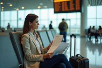 Femme à l'aéroport tenant un document d'assurance voyage face à un panneau de vol annulé
