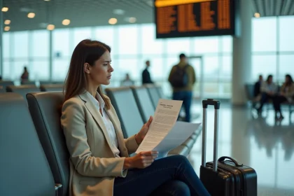 Femme à l'aéroport tenant un document d'assurance voyage face à un panneau de vol annulé
