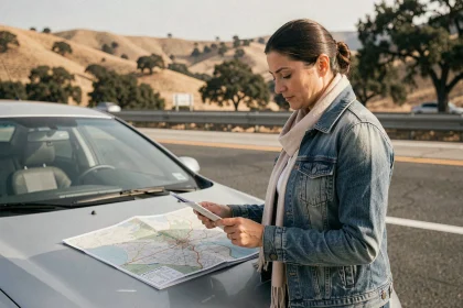 Femme consultant une carte routière posée sur sa voiture lors d'un trajet Los Angeles San Francisco sur l'autoroute I-5 en Californie
